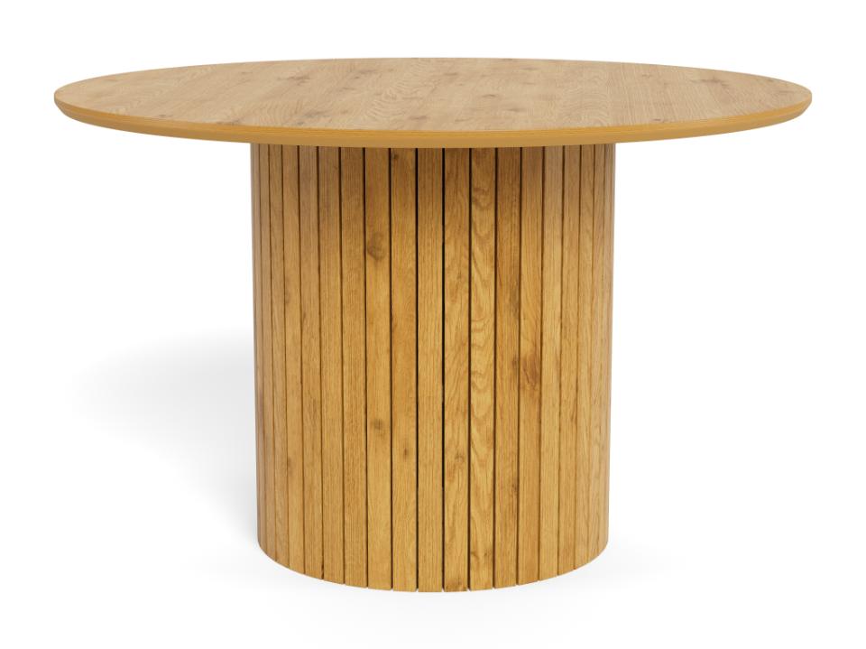 A round wooden Yale dining table with a fluted pedestal base, shown on a clean white background.