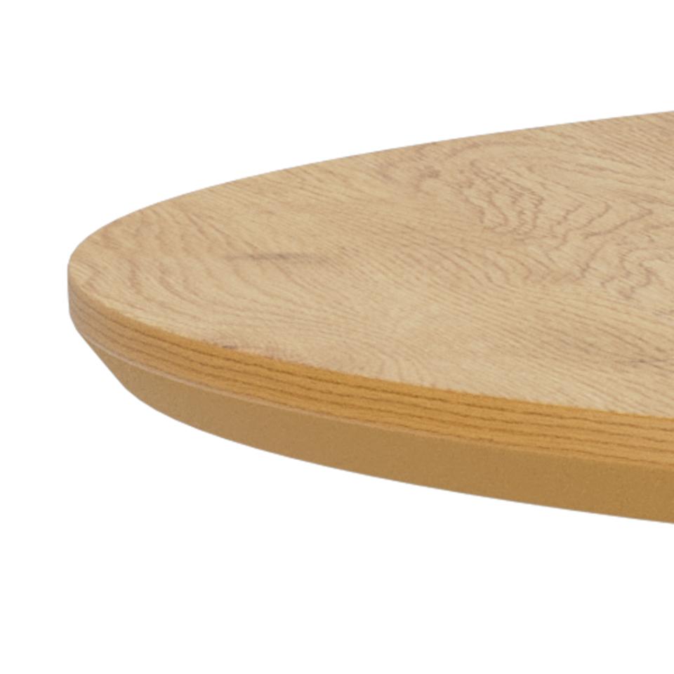 Close-up of a wooden dining table corner on a white background