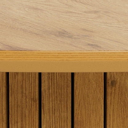 Close-up of a light natural wood tabletop meeting a slatted wood base, showing grain texture and warm tan tones.