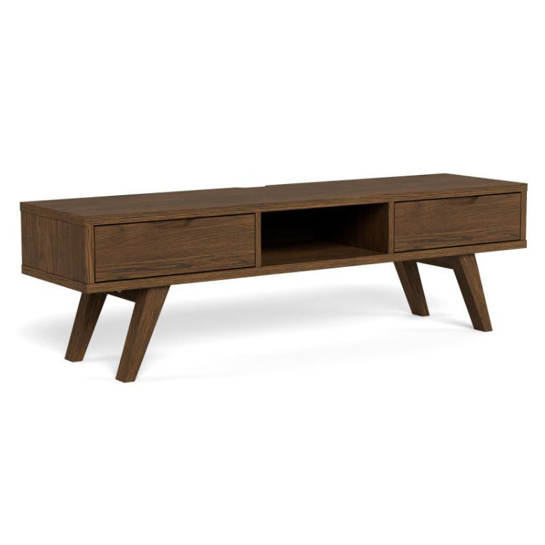Wooden TV stand with two drawers on a white background