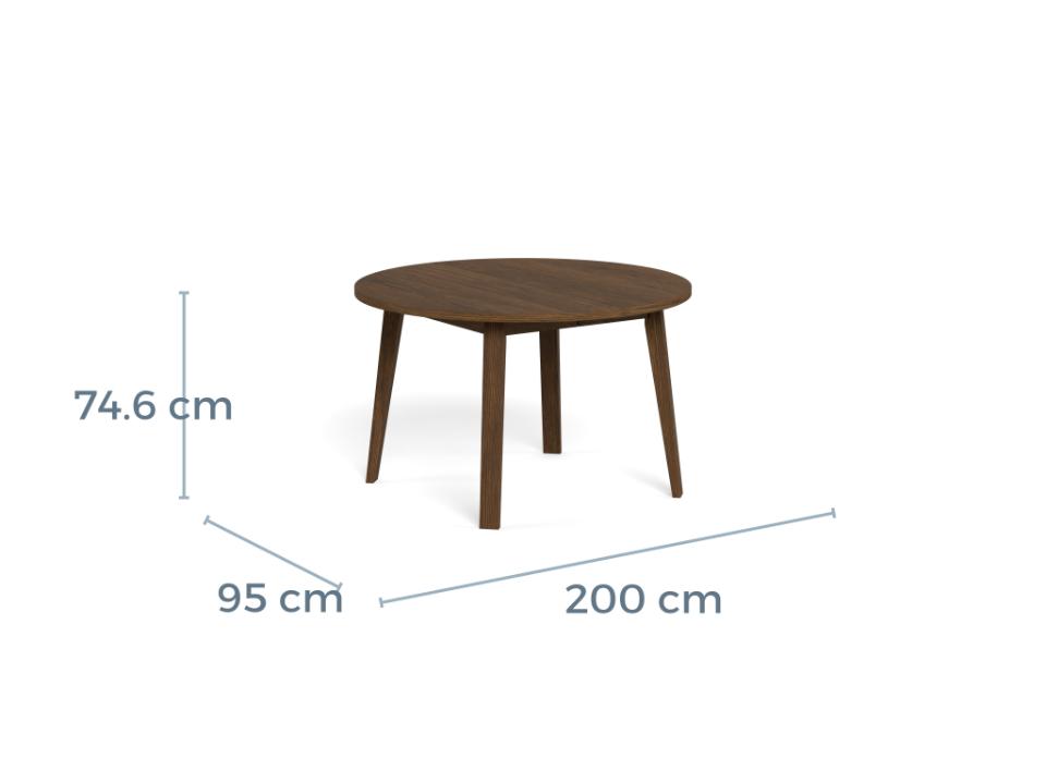 A round wooden side table with three legs, shown on a white background with dimension lines and labels indicating a height of 74.6 cm, width of 95 cm, and depth of 200 cm.