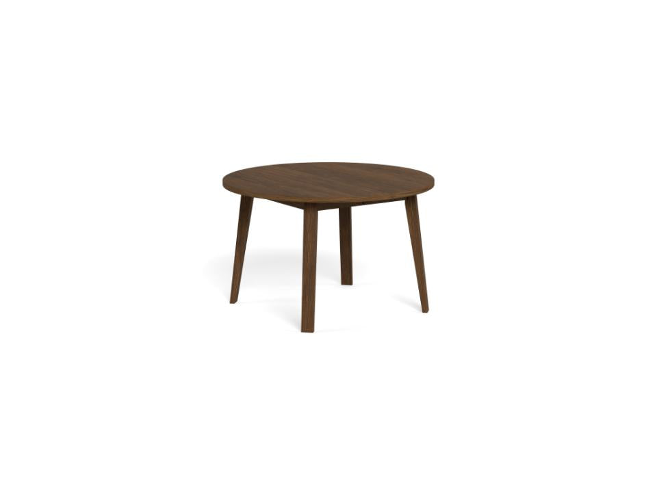 A round wooden coffee table with four tapered legs, shown on a plain white background.