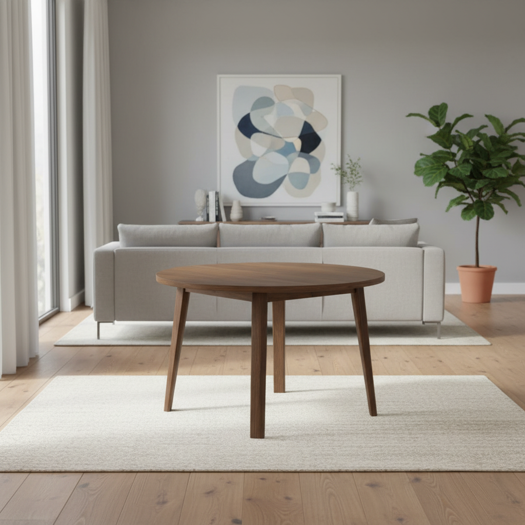 A round wooden coffee table with tapered legs in a modern living room setting, positioned in front of a light gray sofa and a large white rug.