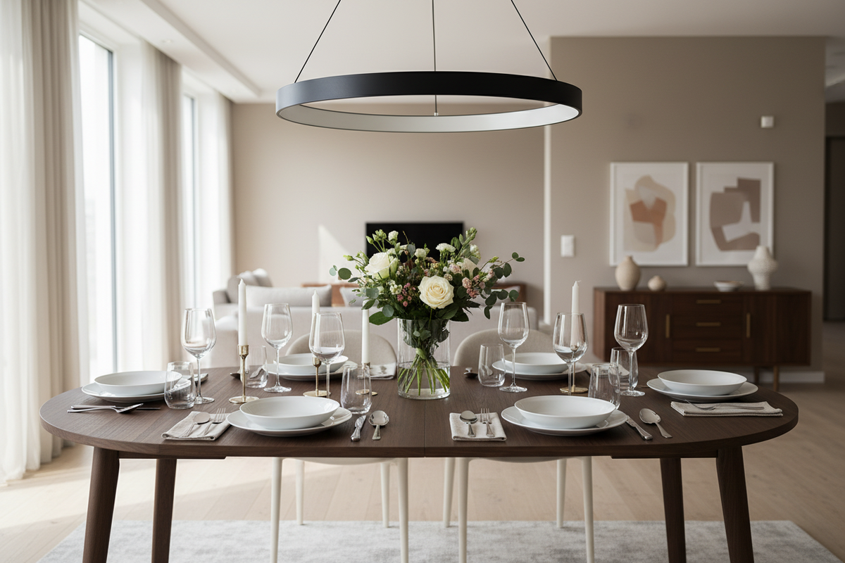 A modern round wooden dining table set with white plates, wine glasses, silverware, and a central floral arrangement, photographed in a bright contemporary dining room with a hanging black ring light overhead.