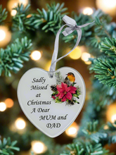 Load image into Gallery viewer, Mum &amp; Dad Glass Hanging Heart In Loving Memory Christmas Memorial Robin And Poinsettia
