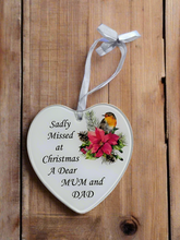 Load image into Gallery viewer, Mum &amp; Dad Glass Hanging Heart In Loving Memory Christmas Memorial Robin And Poinsettia
