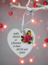 Load image into Gallery viewer, Mum &amp; Dad Glass Hanging Heart In Loving Memory Christmas Memorial Robin And Poinsettia
