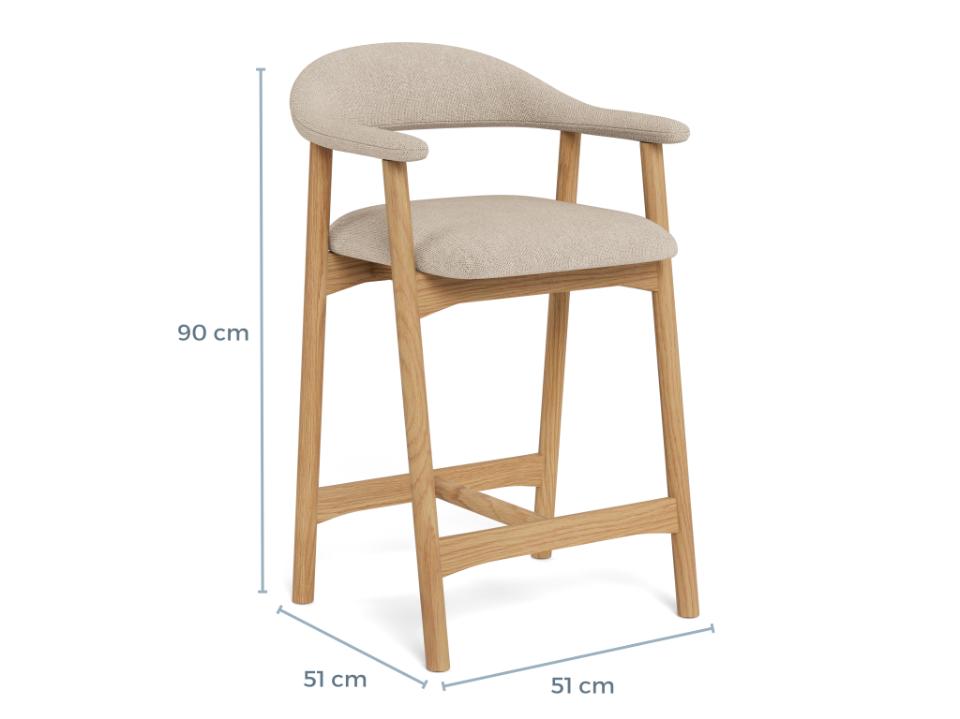 Beige Addi bar stool with wooden legs and measurements on a white background