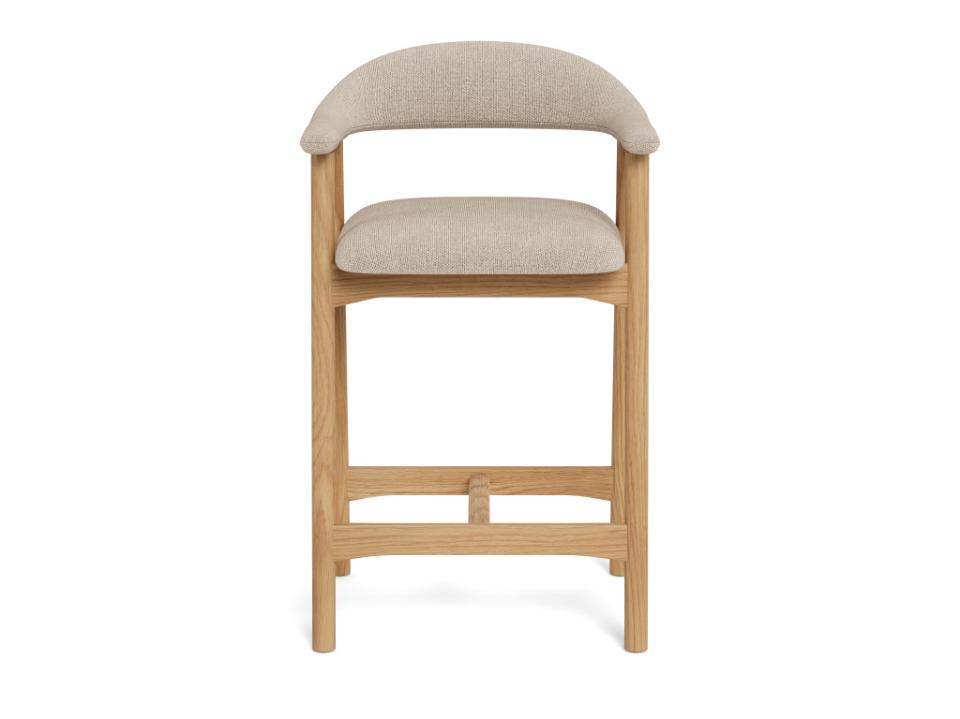 Bar stool with beige cushioned seat and backrest on a white background