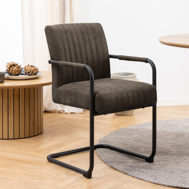 Adele Anthracite Designer Dining Chair With Armrest, Pocket Springs And Vertical Stitching, Set Of 2 Chairs