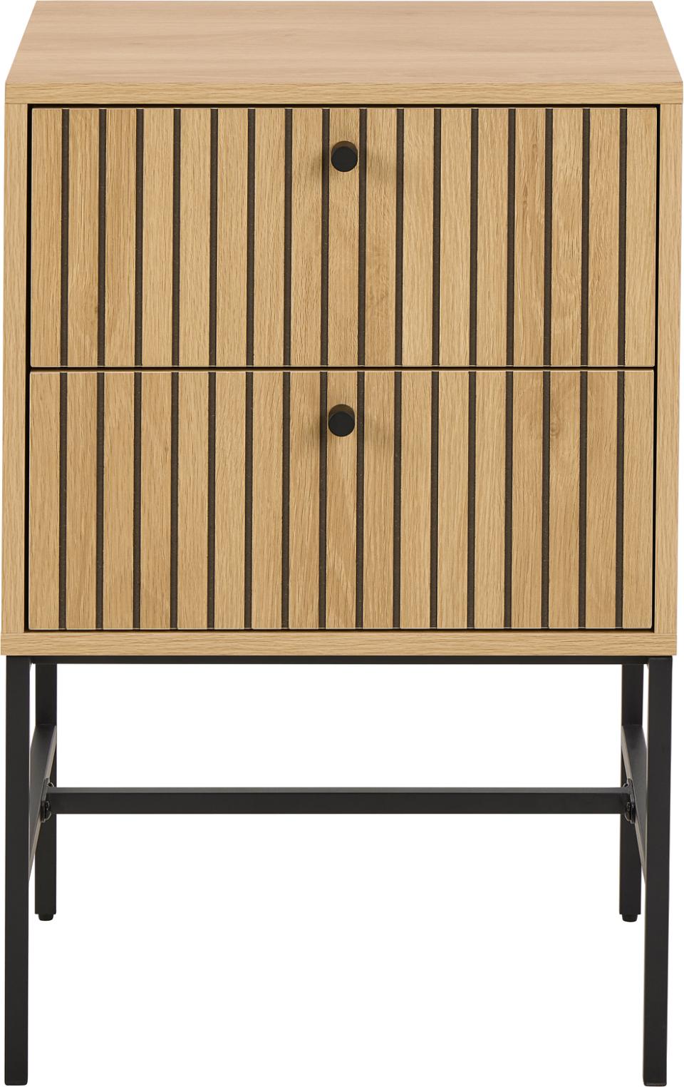 A modern two-drawer side cabinet with a light oak wood grain finish, featuring vertical slat panel doors, round black knobs, and a black metal frame on legs.