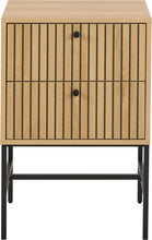 Load image into Gallery viewer, A modern two-drawer side cabinet with a light oak wood grain finish, featuring vertical slat panel doors, round black knobs, and a black metal frame on legs.
