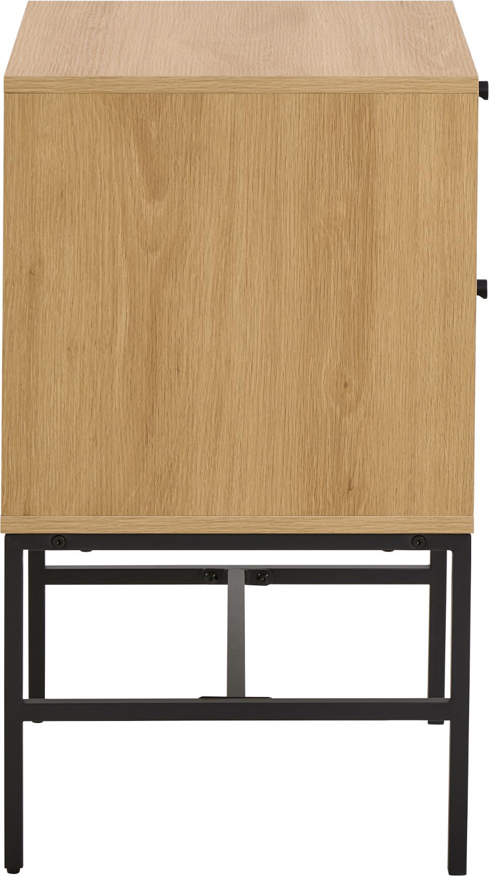 A modern two-tone cabinet with a light oak wood grain front and a black metal frame base, shown against a plain white background.