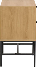 Load image into Gallery viewer, A modern two-tone cabinet with a light oak wood grain front and a black metal frame base, shown against a plain white background.
