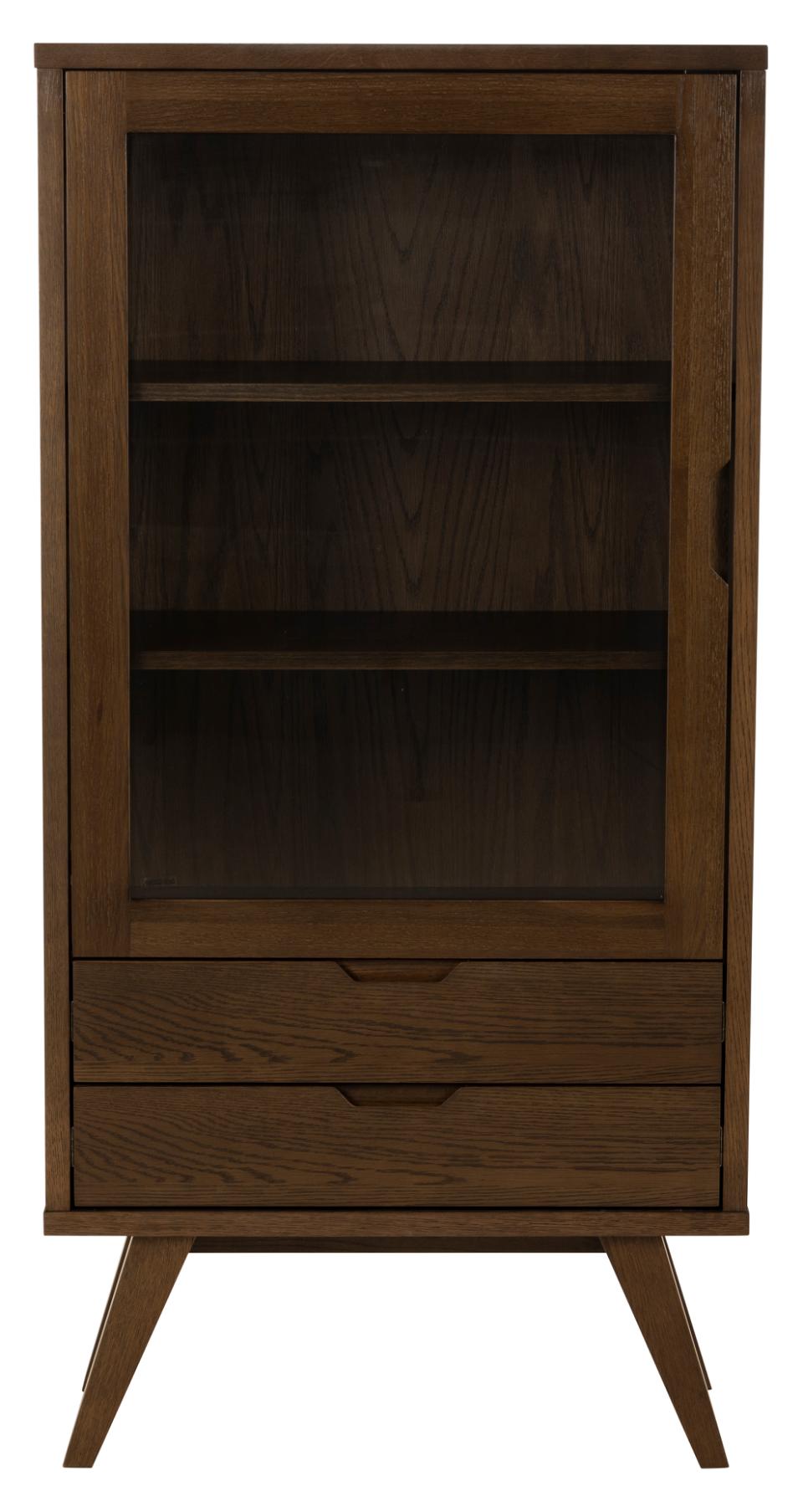 Front view of an A-Line modern wooden cabinet with a dark brown finish, featuring a glass-front upper door with three shelves, two drawers at the bottom, and angled legs.