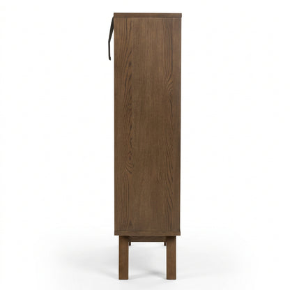 Side view of a tall, narrow wooden cabinet or storage unit in a medium brown finish with visible wood grain, shown against a plain white background.