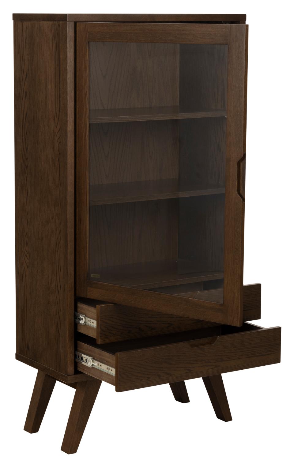 Wooden A-Line cabinet with glass door and drawers on a white background