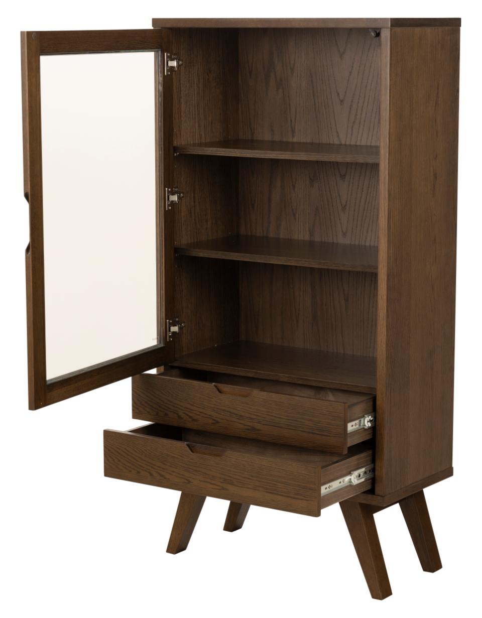 A modern A-Line dark oak wooden cabinet with a glass-front door, three interior shelves, and two pull-out drawers, shown on a white background.