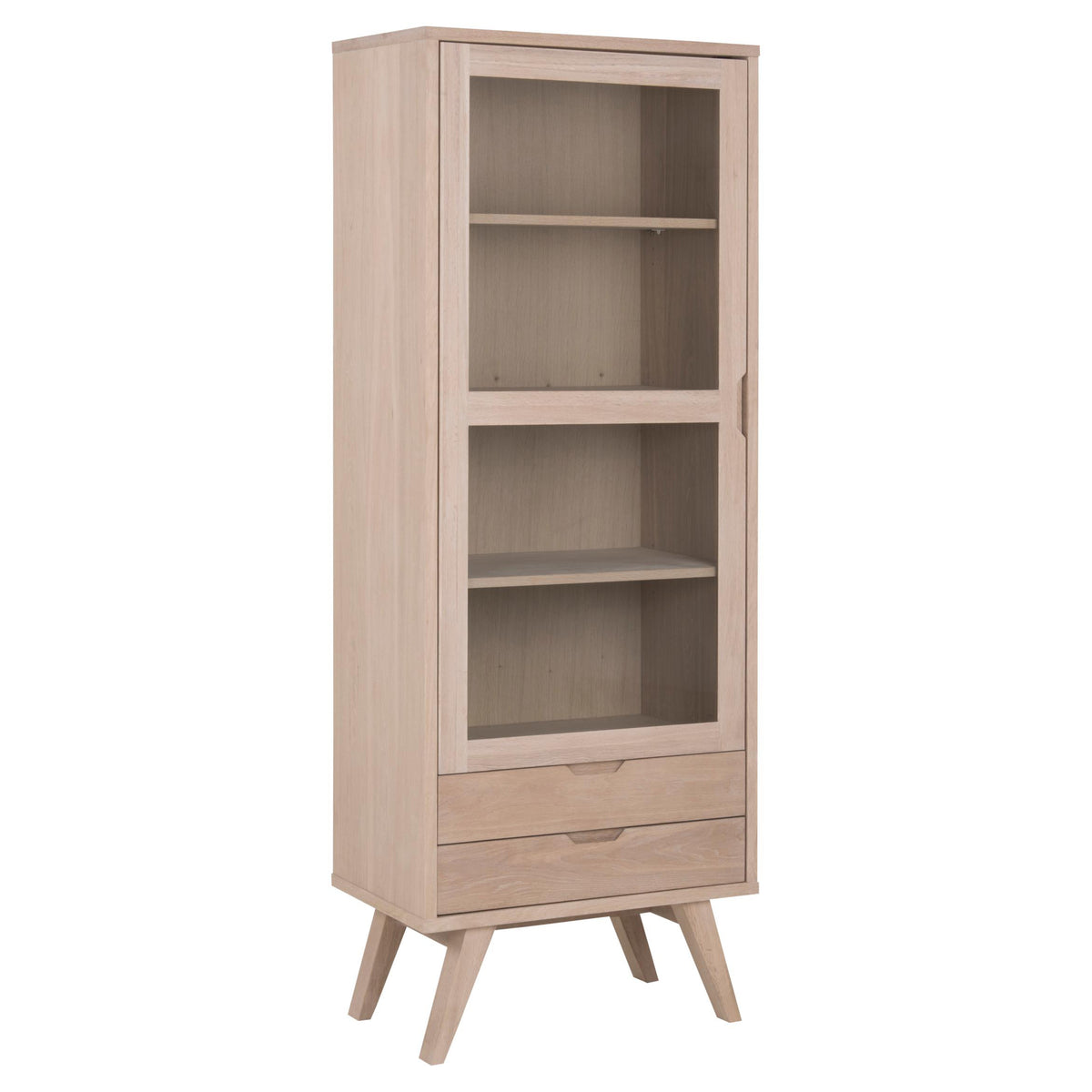 A tall, narrow light oak wood bookcase with a glass-front upper cabinet, three shelves, two lower drawers, and angled legs, shown on a solid white background.
