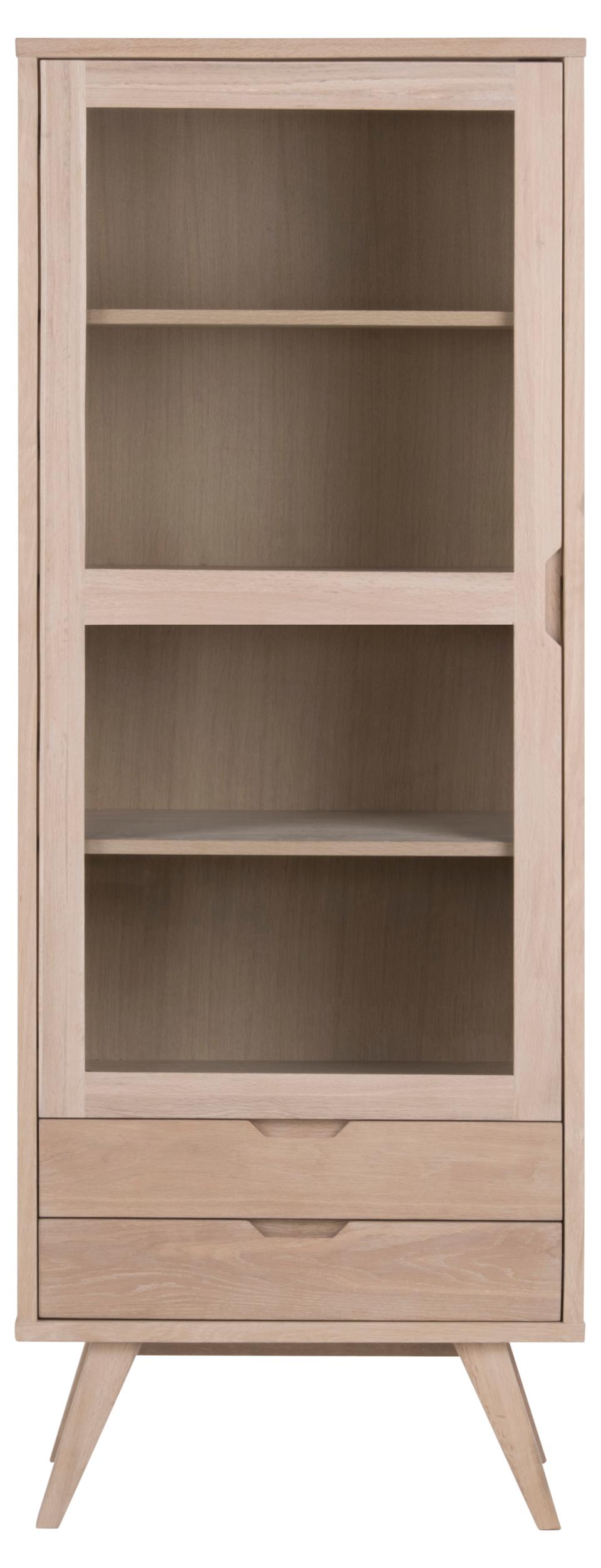 Wooden cabinet with glass panels and a drawer on a white background