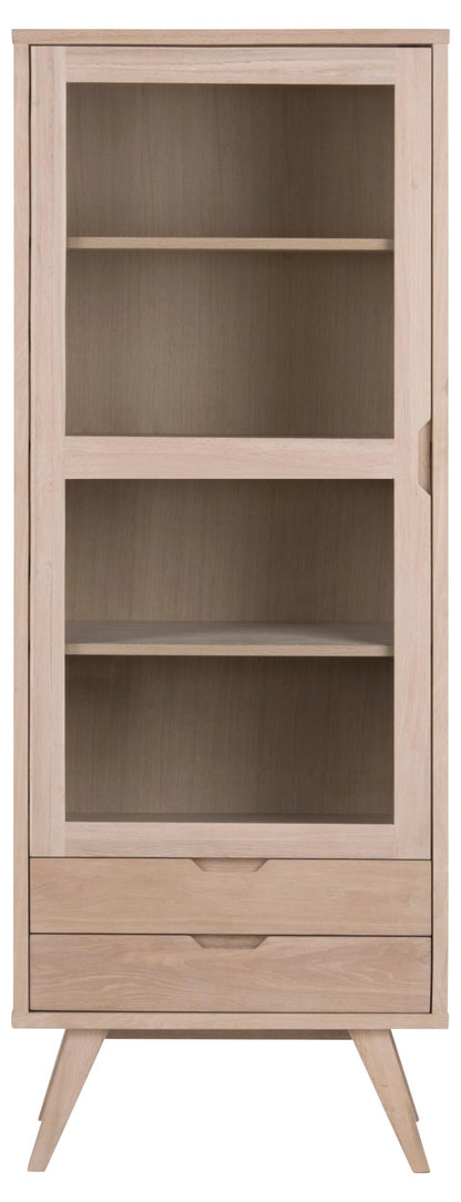 Wooden cabinet with glass panels and a drawer on a white background