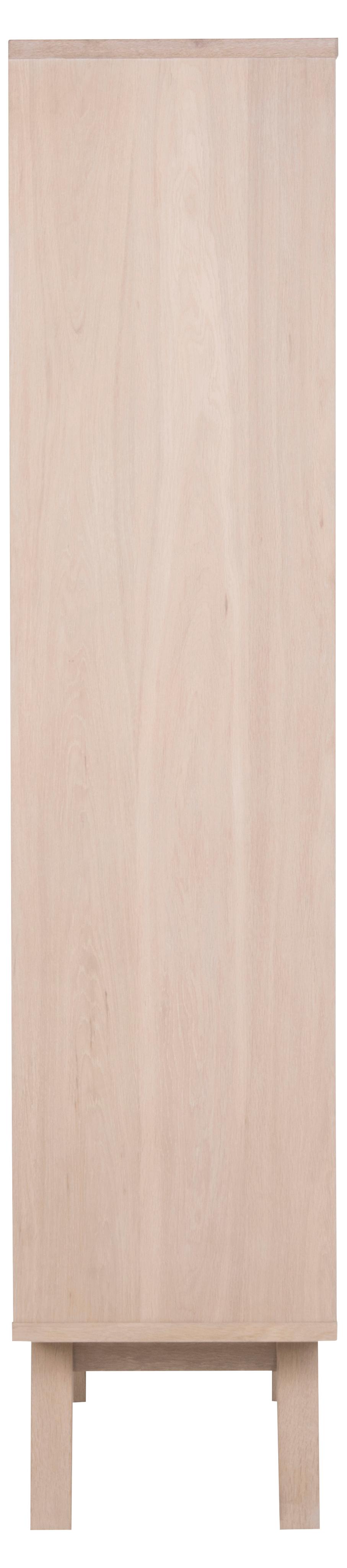 Tall wooden cabinet with a light finish on a white background