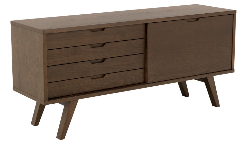 Brown sideboard with multiple drawers on a white background