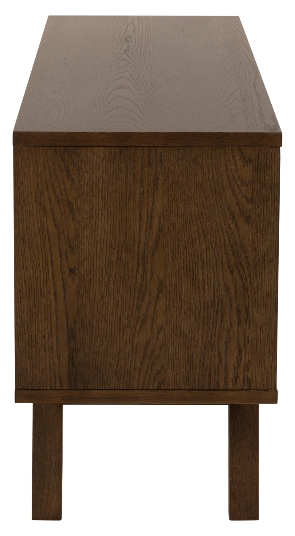 A dark brown wooden sideboard or cabinet with a visible wood grain pattern, shown from a front three-quarter angle on a white background.