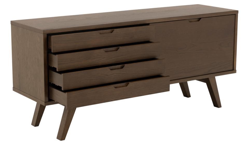 A modern A-Line wooden sideboard with a dark brown finish, featuring four drawers on the left, a cabinet door on the right, and angled legs, shown on a plain white background.