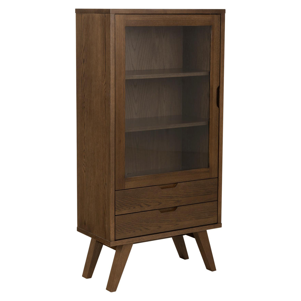 Wooden A-Line dark oak cabinet with glass door and drawer on a white background
