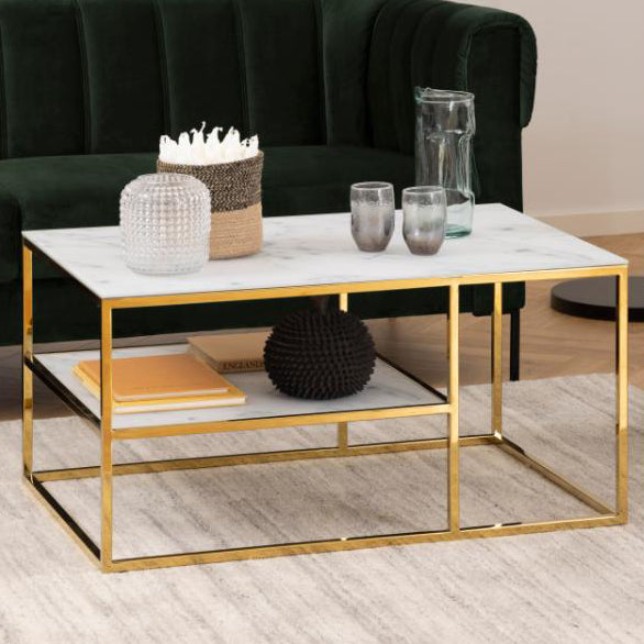 Alisma Rectangle Coffee Table In White Marble Glass And Gold Base 90x60cm