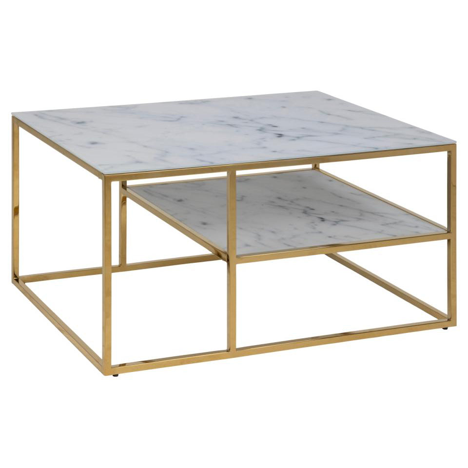 Alisma Rectangle Coffee Table In White Marble Glass And Gold Base 90x60cm