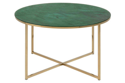 Alisma Large Round Glass Coffee Table Green Marble Print With Golden Frame 80cm