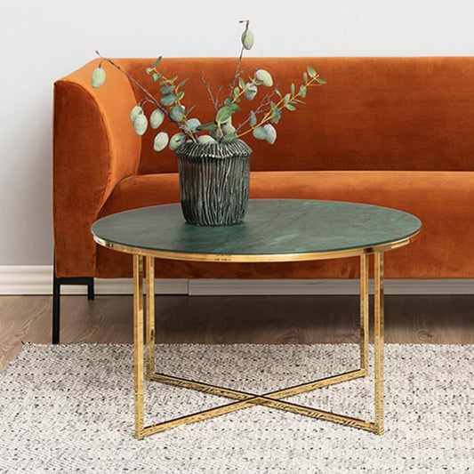 Alisma Large Round Glass Coffee Table Green Marble Print With Golden Frame 80cm