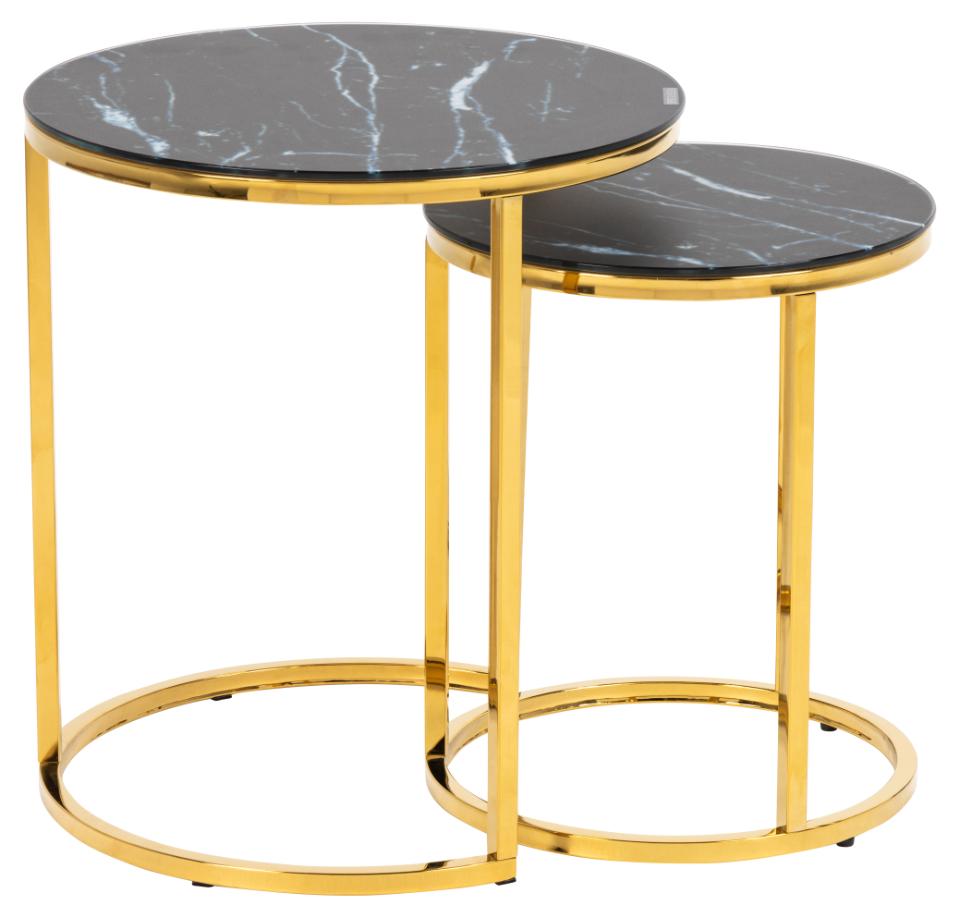 Alisma Deluxe Nest Of Tables Black Marble Glass Top And Metal Base 45cm 35cm