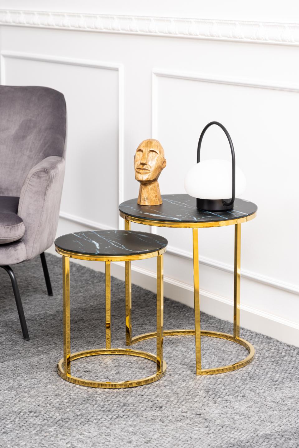 Alisma Deluxe Nest Of Tables Black Marble Glass Top And Metal Base 45cm 35cm