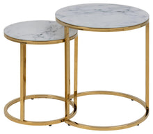 Load image into Gallery viewer, Set of two marble top side tables with gold metal frames on a white background
