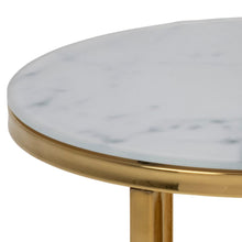 Load image into Gallery viewer, Round table with marble top and gold base on a white background
