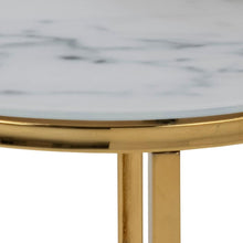 Load image into Gallery viewer, Round marble table with gold base on a white background
