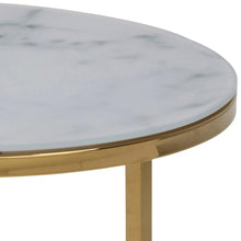 Load image into Gallery viewer, Round marble table with gold base on a white background
