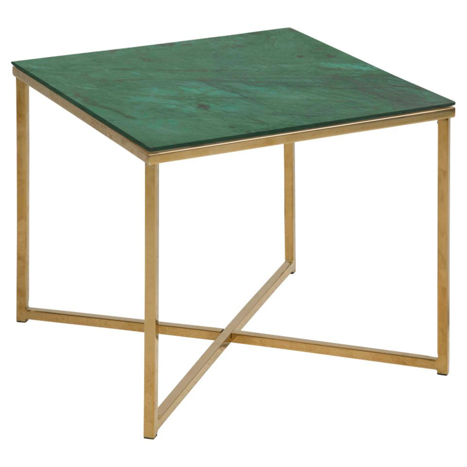 Alisma Square Side Table With A Green Marble Glass Top And Gold Base 50cm