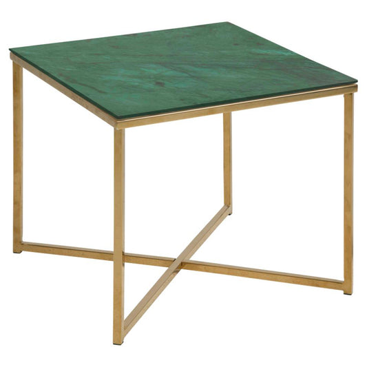 Alisma Square Side Table With A Green Marble Glass Top And Gold Base 50cm