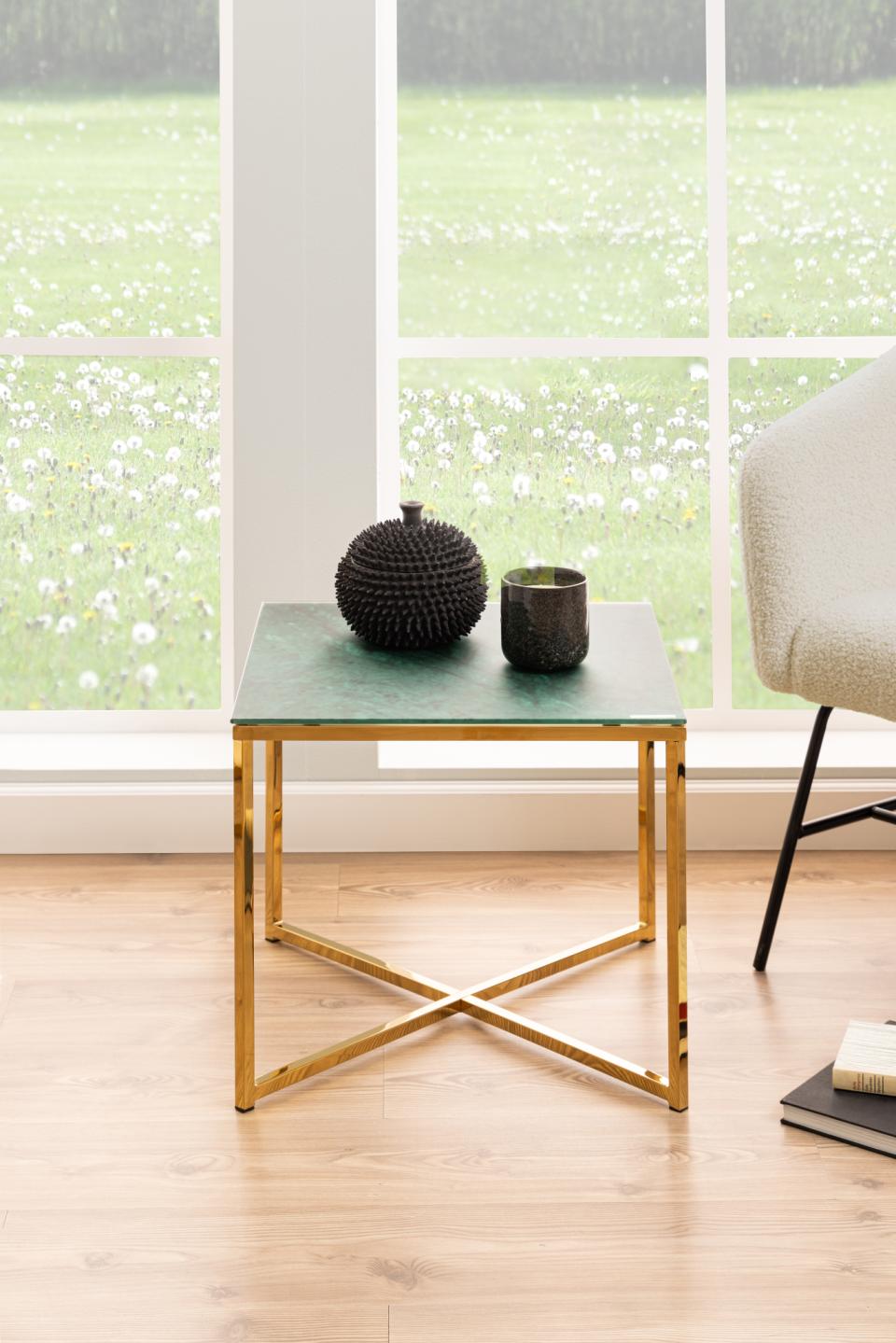 Alisma Square Side Table With A Green Marble Glass Top And Gold Base 50cm
