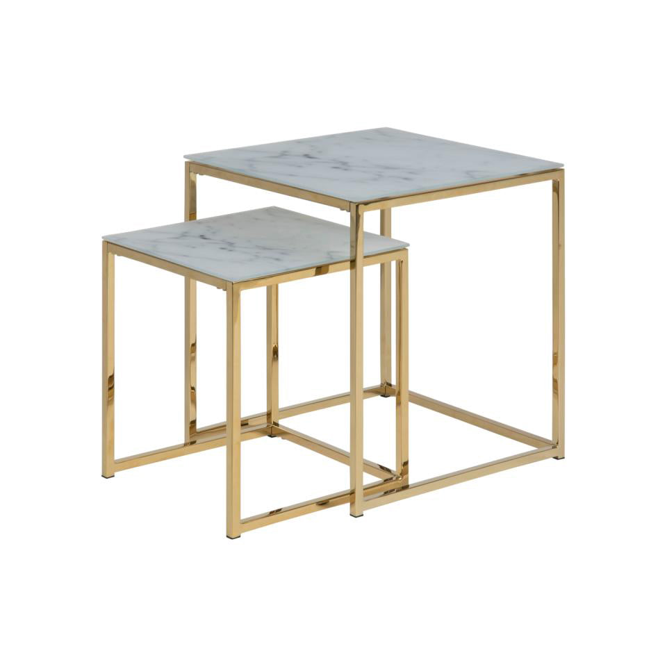 Two nested square nesting tables with white marble-patterned tops and slim gold metal frames, shown on a plain white background.