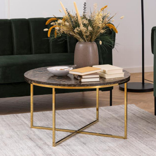 Alisma Round Coffee Table With Stylish Brown Marble Top And Gold Base 80cm