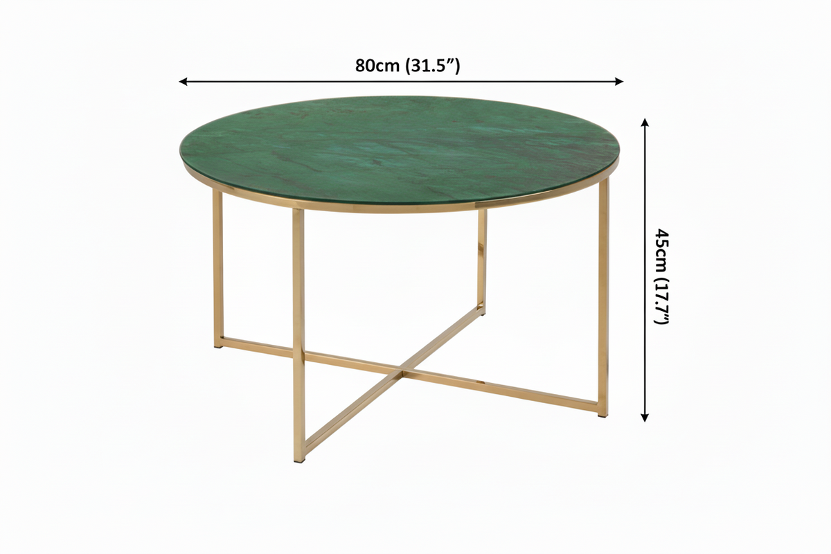 Alisma Large Round Glass Coffee Table Green Marble Print With Golden Frame 80cm