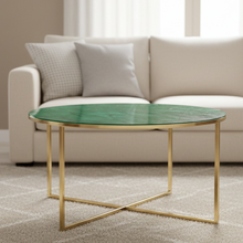 Load image into Gallery viewer, Alisma Large Round Glass Coffee Table Green Marble Print With Golden Frame 80cm
