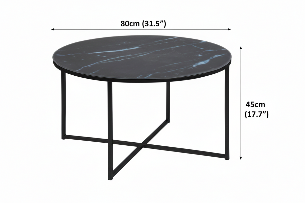 Alisma Designer Coffee Table Black Marble Print Round Glass Metal Frame 80cm