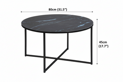 Alisma Designer Coffee Table Black Marble Print Round Glass Metal Frame 80cm