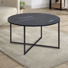 Load image into Gallery viewer, Alisma Designer Coffee Table Black Marble Print Round Glass Metal Frame 80cm
